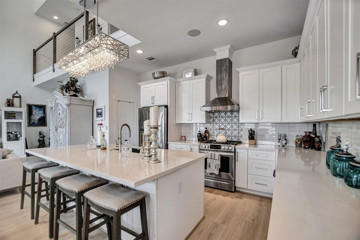 Chandelier, Interior, Kitchen, Recessed Lighting, Stainless Steel Appliances, Wood Texture Flooring