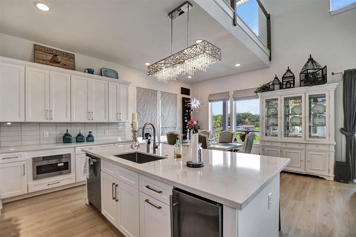 Chandelier, Interior, Kitchen, Pendant Lights, Recessed Lighting, Stainless Steel Appliances, Wood Texture Flooring