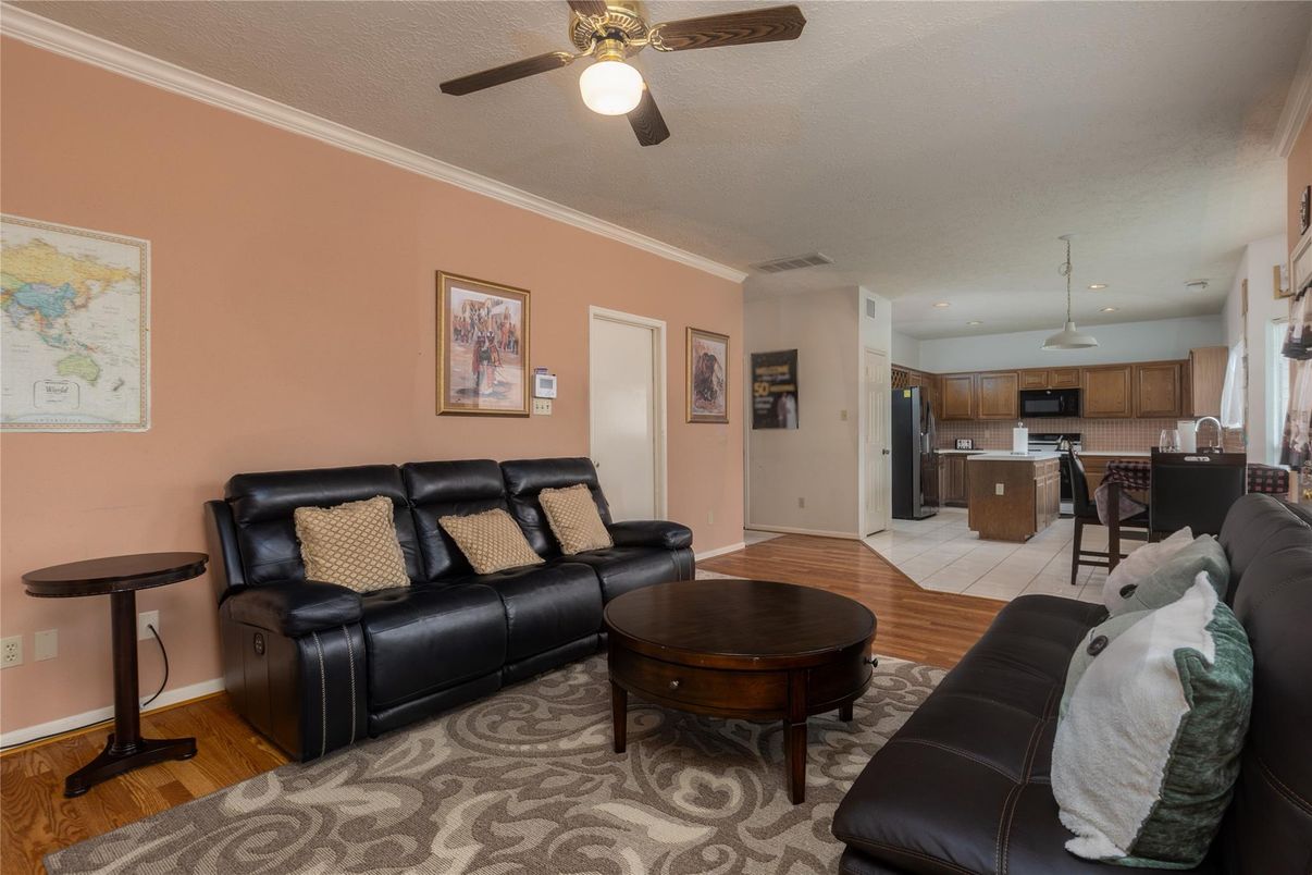 Interior, Kitchen, Living room, Recessed Lighting, Stainless Steel Appliances, Wood Texture Flooring