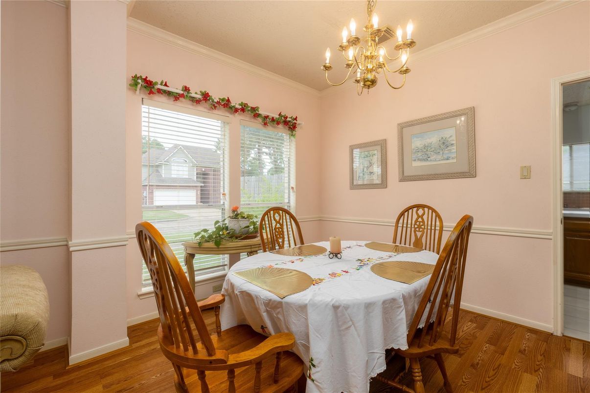 Chandelier, Dining room, Interior, Wood Texture Flooring
