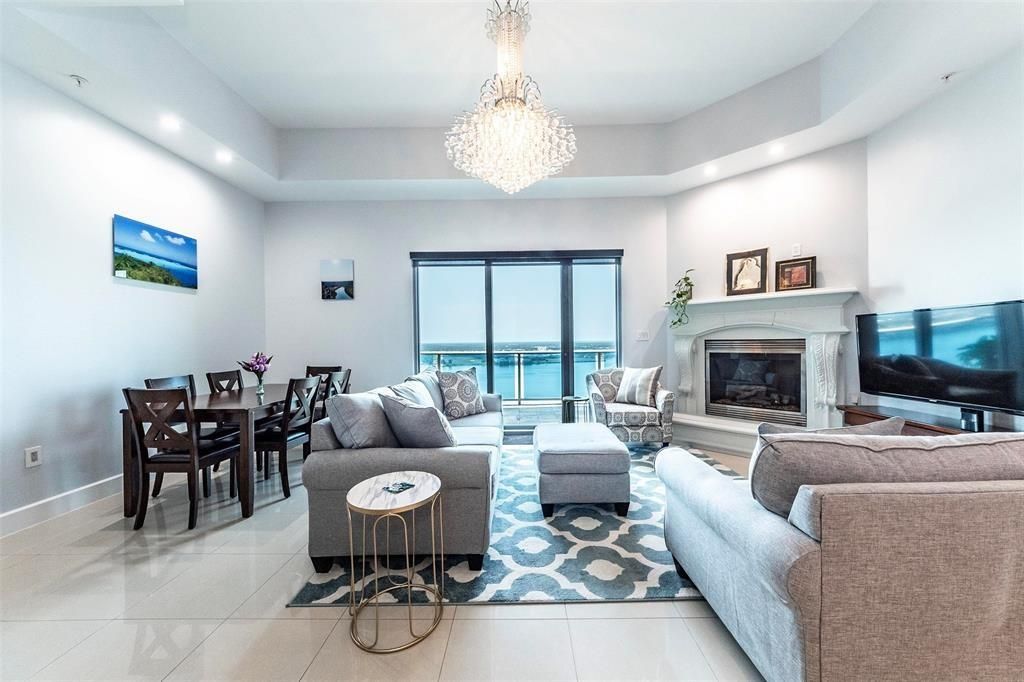 Chandelier, Dining room, Fireplace, Interior, Living room, Recessed Lighting, Water