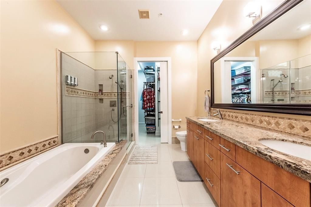 Bathroom, Dual Sink Vanities, Glass Shower, Interior, Recessed Lighting