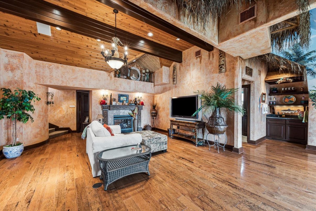Fireplace, Interior, Living room, Pendant Lights, Recessed Lighting, Stone Walls, Wooden Beams, Wooden Ceilings, Wood Texture Flooring