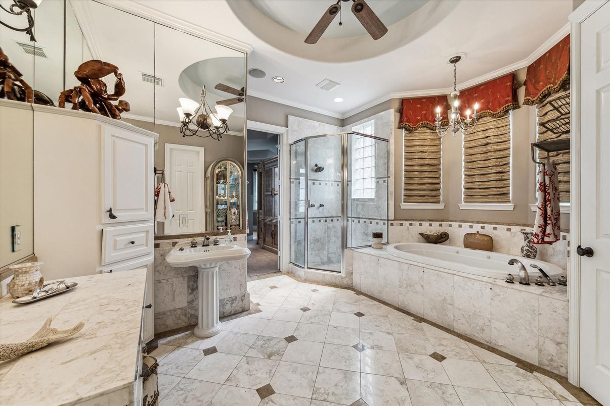 Bathroom, Chandelier, Glass Shower, Interior, Recessed Lighting