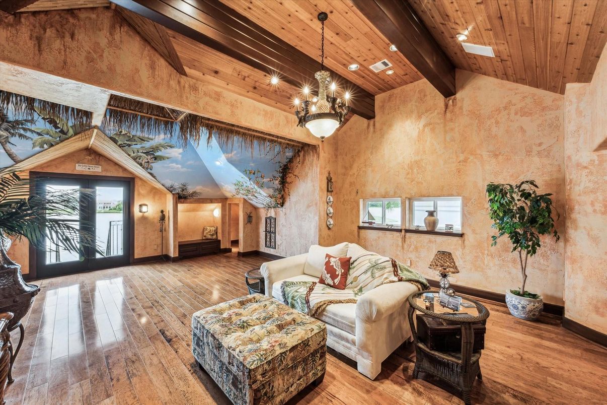 Chandelier, Interior, Living room, Pendant Lights, Recessed Lighting, Wooden Beams, Wooden Ceilings, Wood Texture Flooring