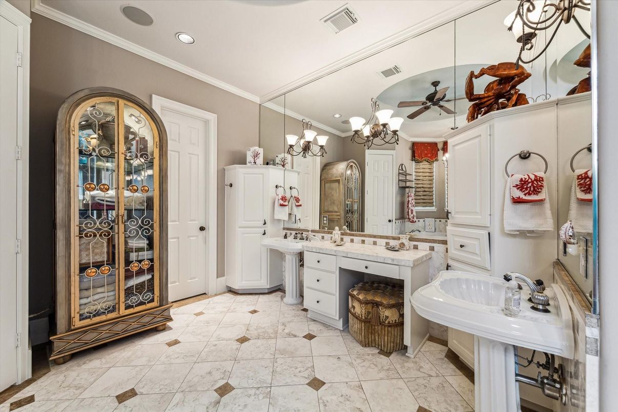 Bathroom, Chandelier, Dual Sink Vanities, Interior, Recessed Lighting