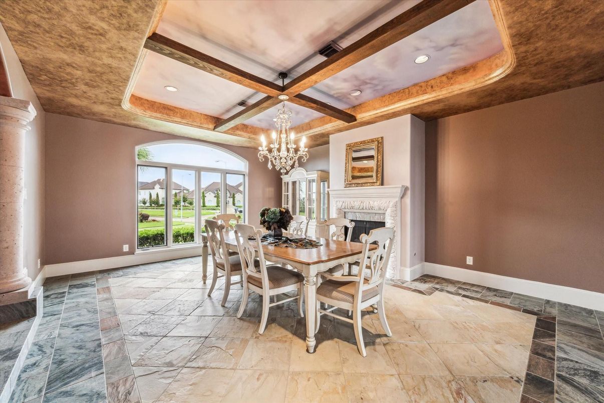 Chandelier, Dining room, Fireplace, Interior, Recessed Lighting, Wooden Beams