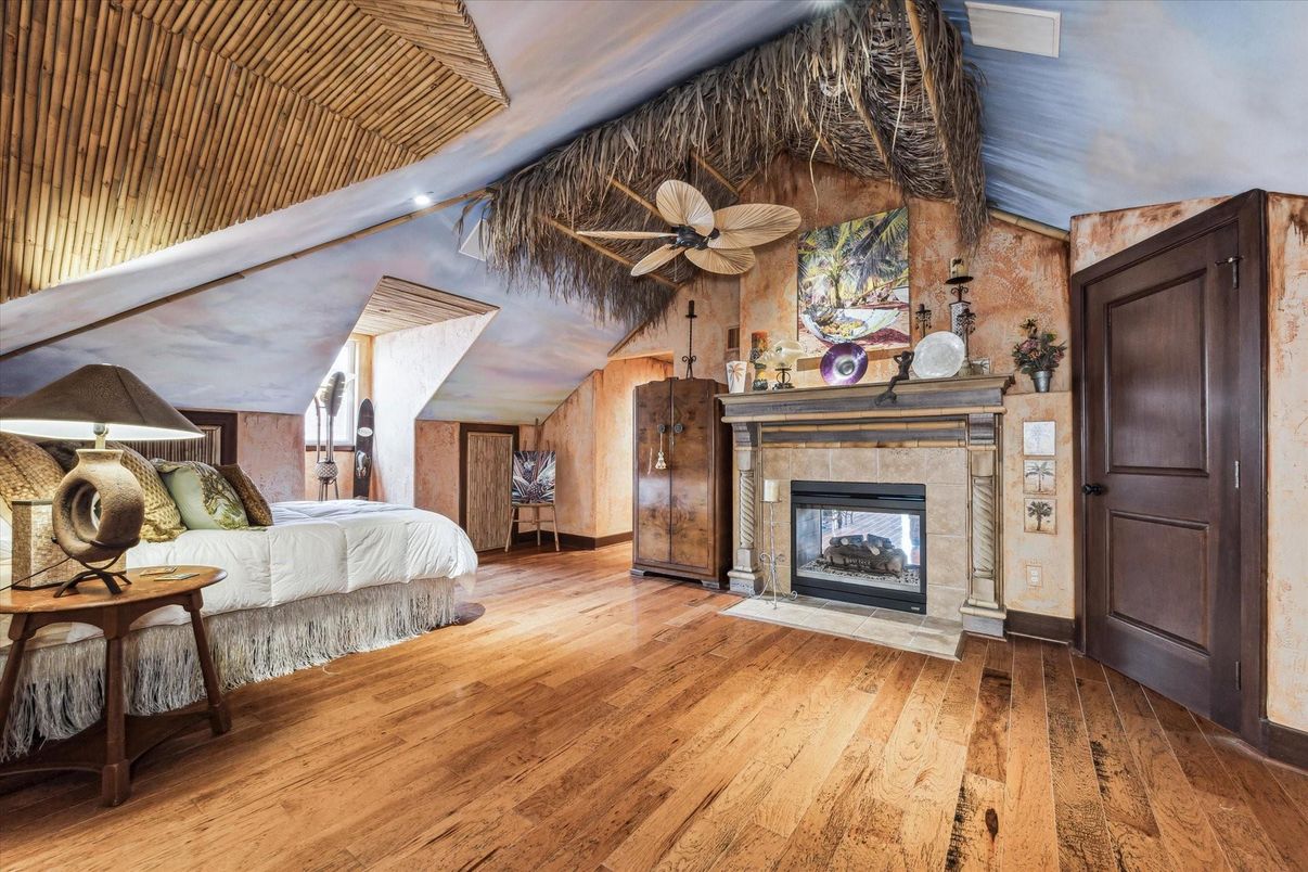 Bedroom, Fireplace, Interior, Wood Texture Flooring