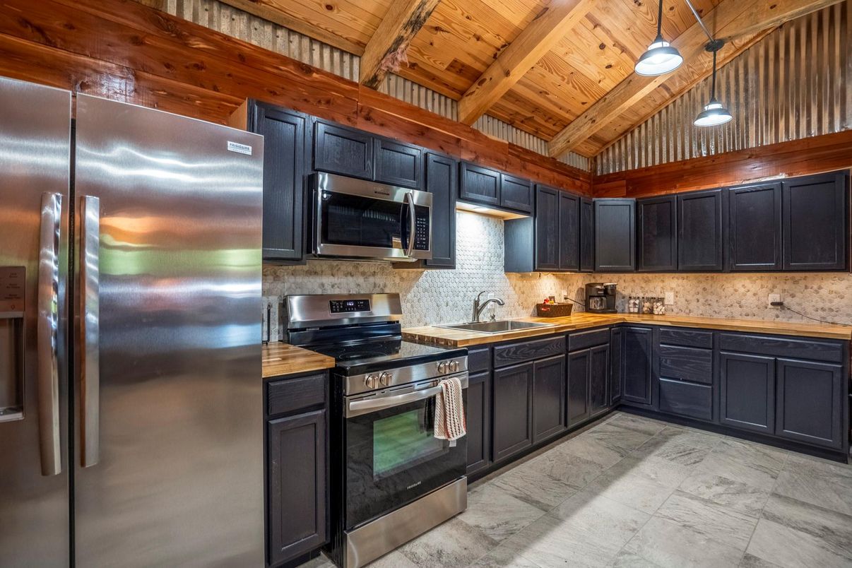 Interior, Kitchen, Pendant Lights, Stainless Steel Appliances, Wooden Beams, Wooden Ceilings