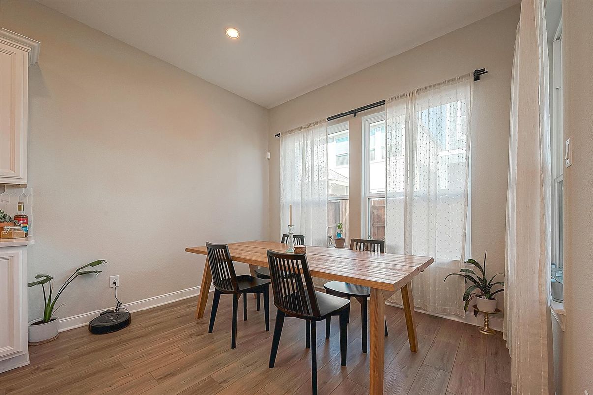Dining room, Interior, Recessed Lighting, Wood Texture Flooring
