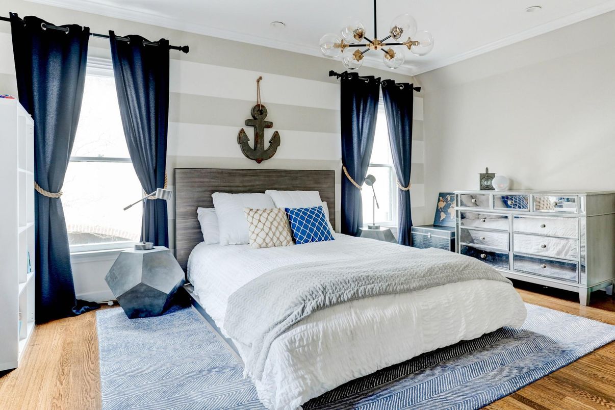 Bedroom, Interior, Pendant Lights, Wood Texture Flooring