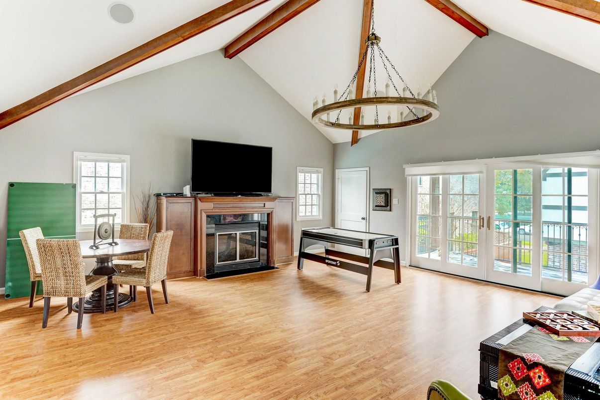 Chandelier, Dining room, Fireplace, Interior, Pendant Lights, Wooden Beams, Wood Texture Flooring