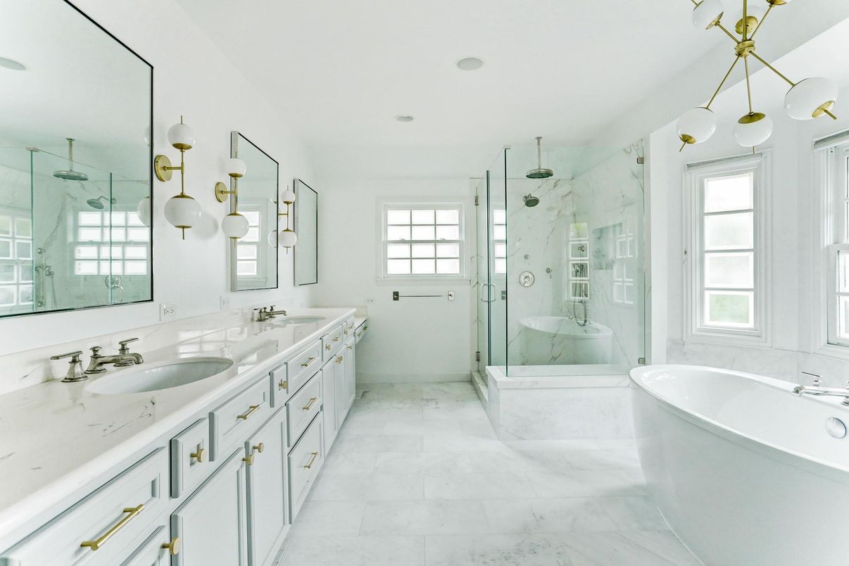 Bathroom, Dual Sink Vanities, Free Standing Baths, Glass Shower, Interior, Marble, Marble Walls, Pendant Lights, Recessed Lighting