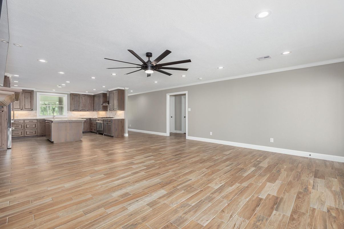 Empty room, Interior, Kitchen, Recessed Lighting, Wood Texture Flooring