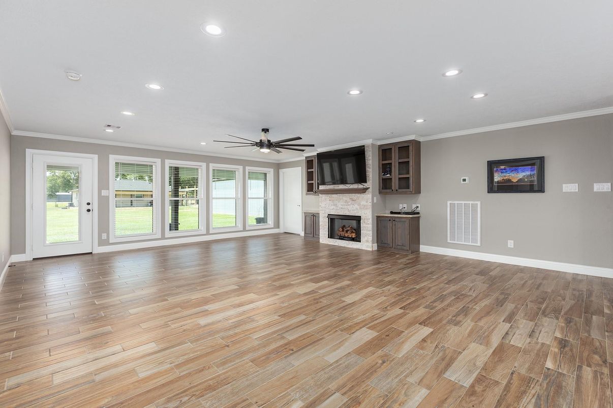 Empty room, Fireplace, Interior, Recessed Lighting, Wood Texture Flooring