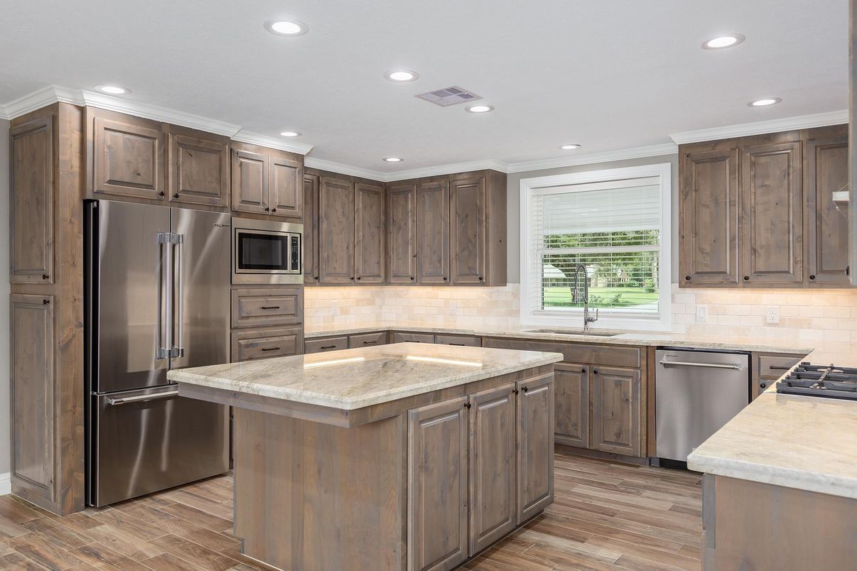 Interior, Kitchen, Recessed Lighting, Stainless Steel Appliances, Wood Texture Flooring
