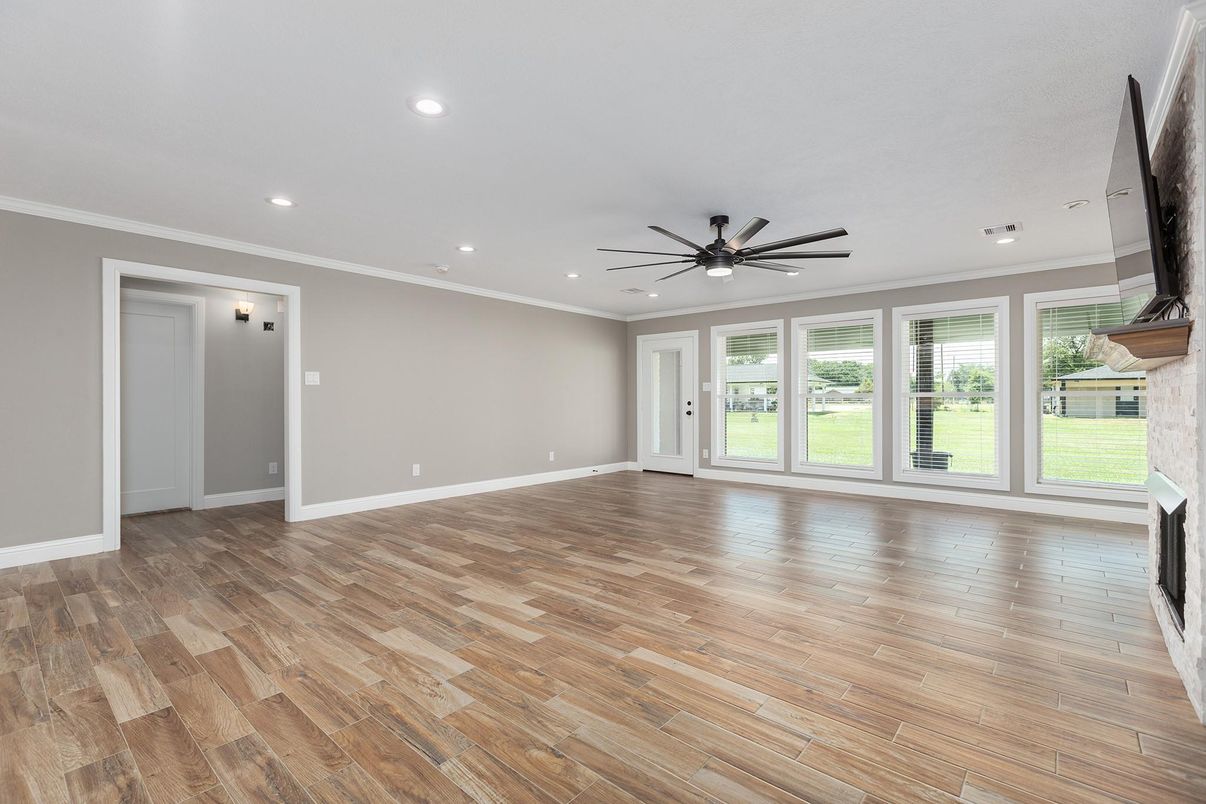Empty room, Fireplace, Interior, Recessed Lighting, Wood Texture Flooring