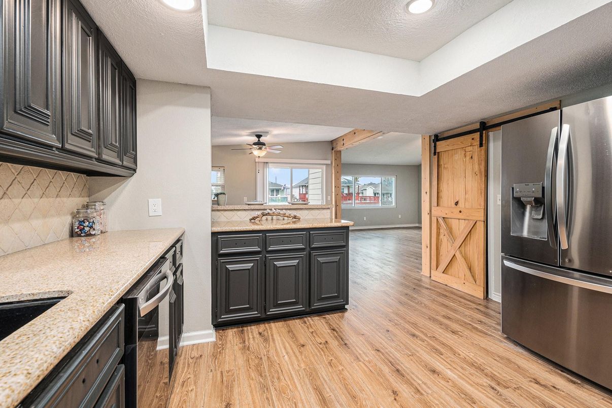 Interior, Kitchen, Recessed Lighting, Wooden Beams, Wood Texture Flooring