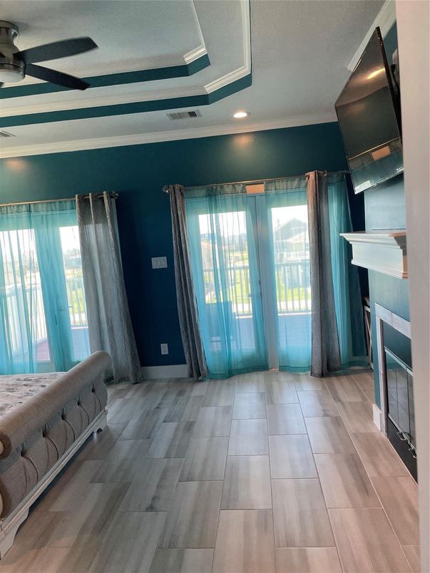 Empty room, Fireplace, Interior, Recessed Lighting, Wood Texture Flooring