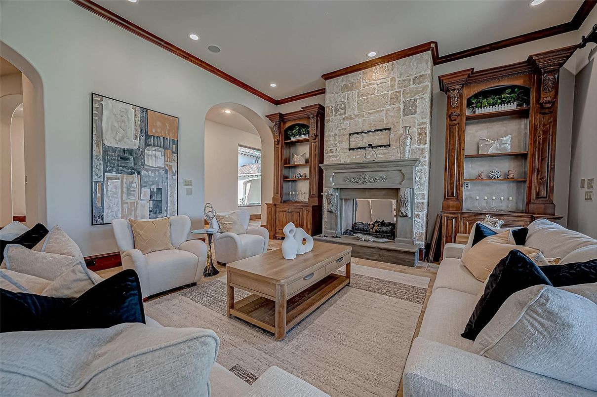 Fireplace, Interior, Living room, Recessed Lighting, Stone Walls