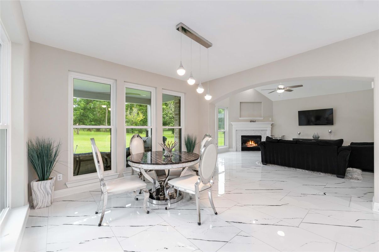 Dining room, Fireplace, Interior, Living room, Marble, Pendant Lights