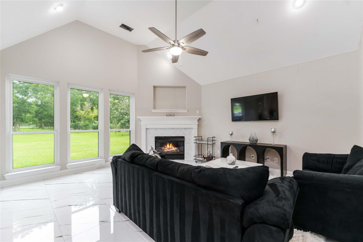 Fireplace, Interior, Living room, Marble, Recessed Lighting