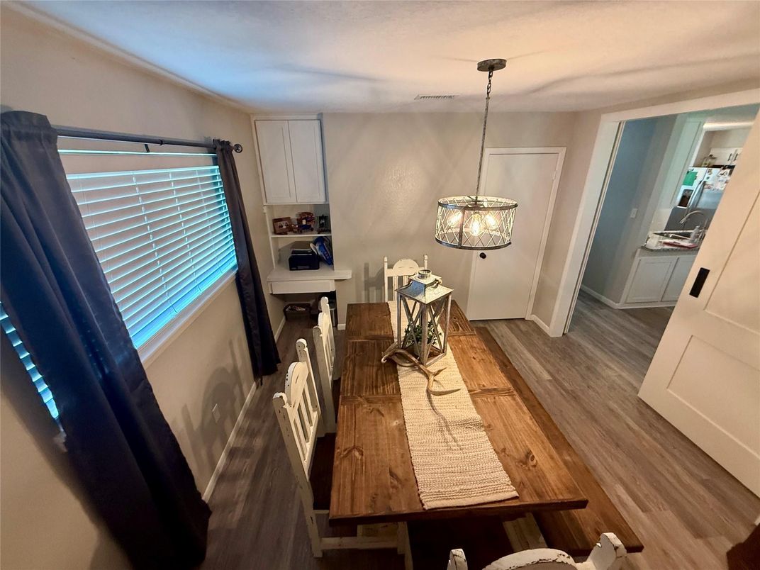 Dining room, Interior, Pendant Lights, Wood Texture Flooring