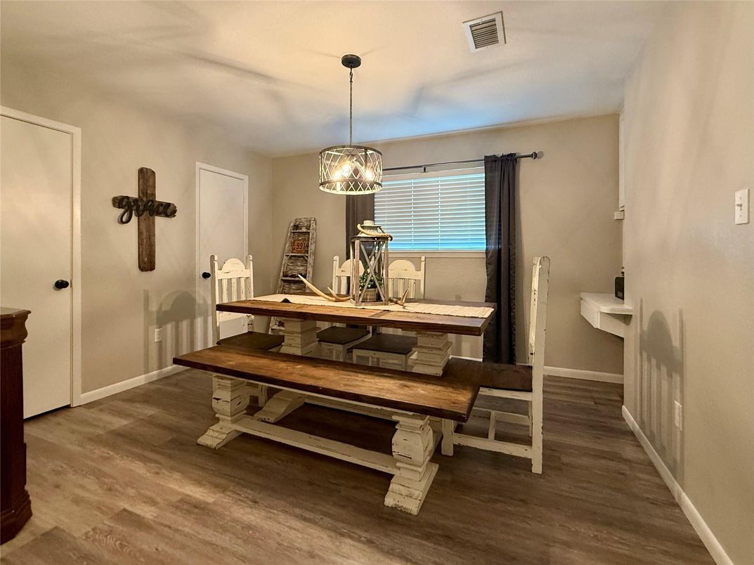 Dining room, Interior, Pendant Lights, Wood Texture Flooring