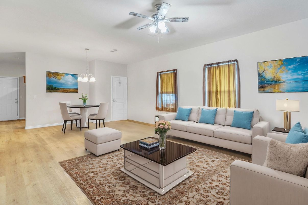 Dining room, Interior, Living room, Pendant Lights, Wood Texture Flooring