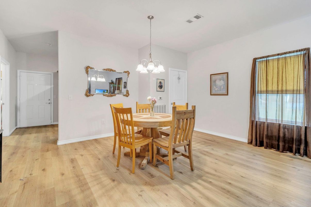 Dining room, Interior, Pendant Lights, Wood Texture Flooring