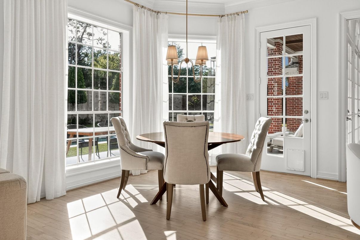 Dining room, Interior, Pendant Lights, Wood Texture Flooring