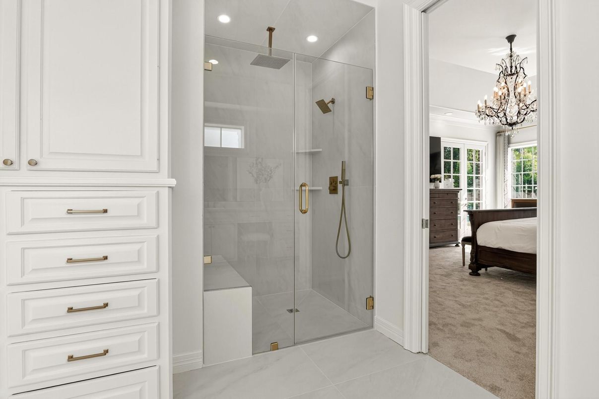 Bathroom, Bedroom, Chandelier, Glass Shower, Interior, Recessed Lighting