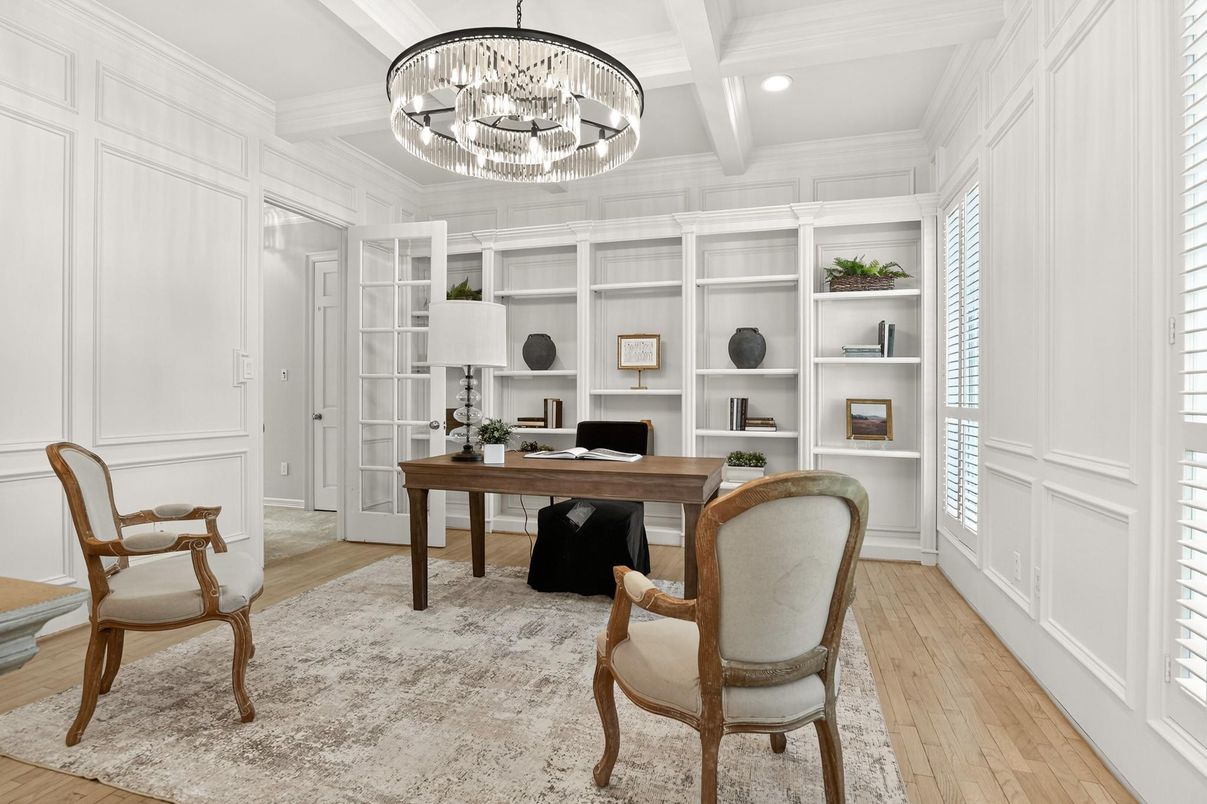 Chandelier, Home Office, Interior, Pendant Lights, Recessed Lighting, Wood Texture Flooring