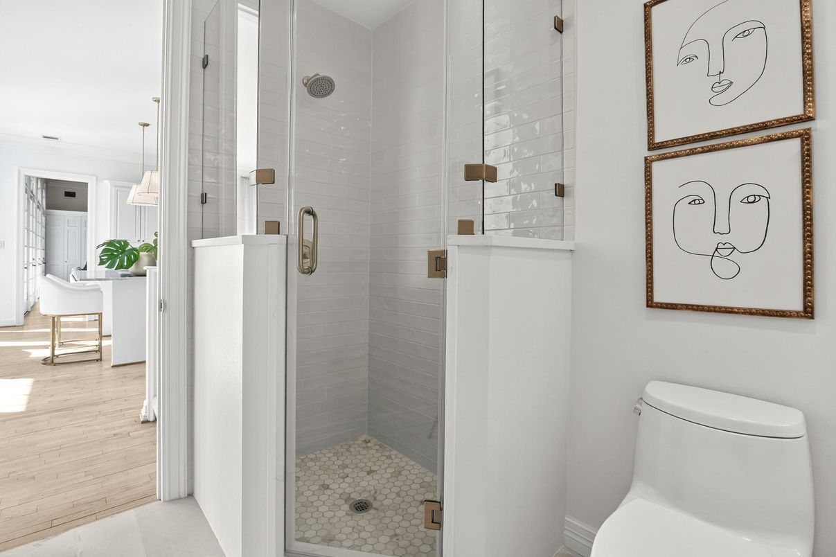 Bathroom, Glass Shower, Interior, Pendant Lights, Wood Texture Flooring