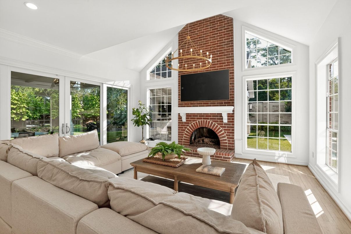 Fireplace, Interior, Living room, Recessed Lighting, Stone Walls, Wood Texture Flooring