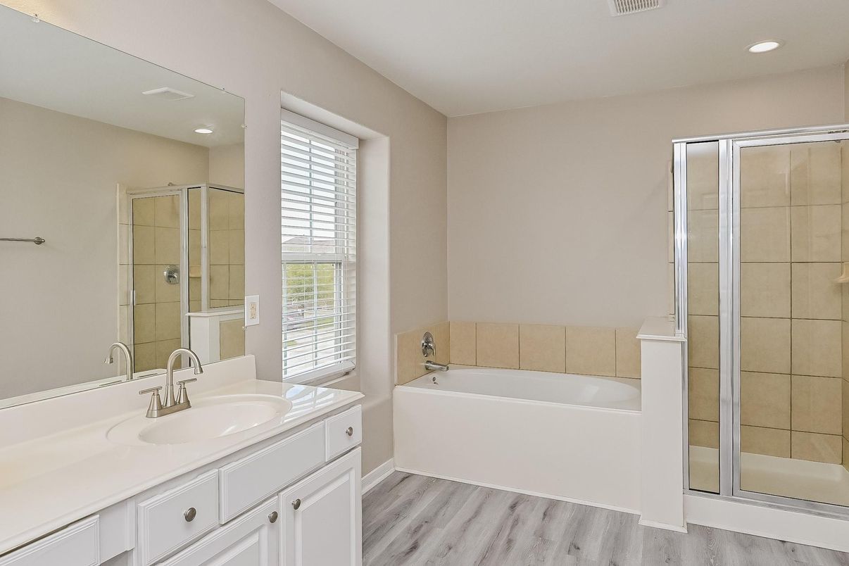Bathroom, Glass Shower, Interior, Recessed Lighting, Wood Texture Flooring