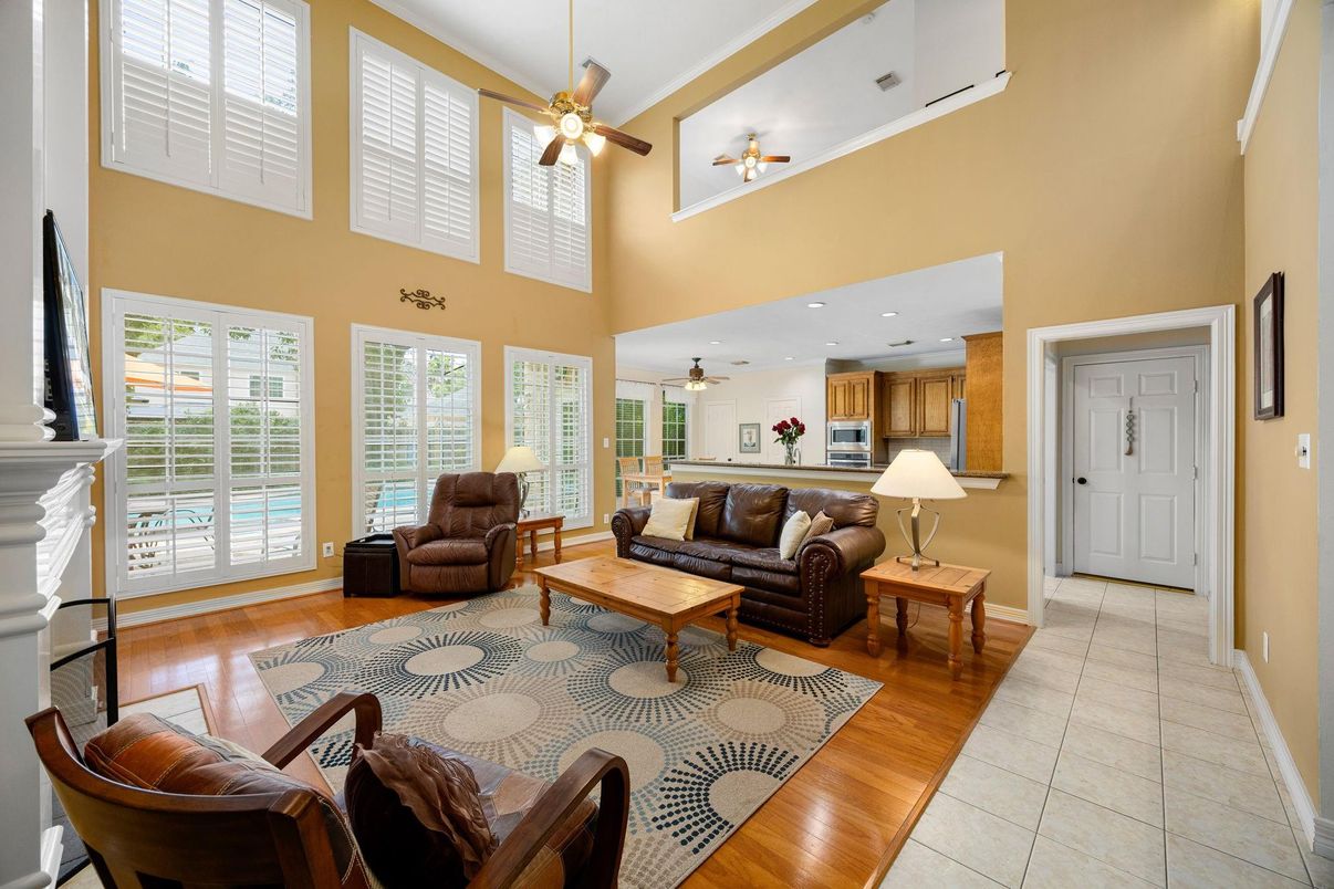 Fireplace, Interior, Kitchen, Living room, Recessed Lighting, Wood Texture Flooring