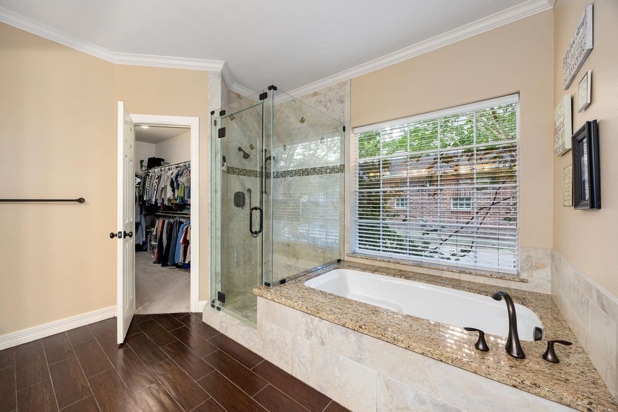 Bathroom, Glass Shower, Interior, Walk-in Closets, Wood Texture Flooring