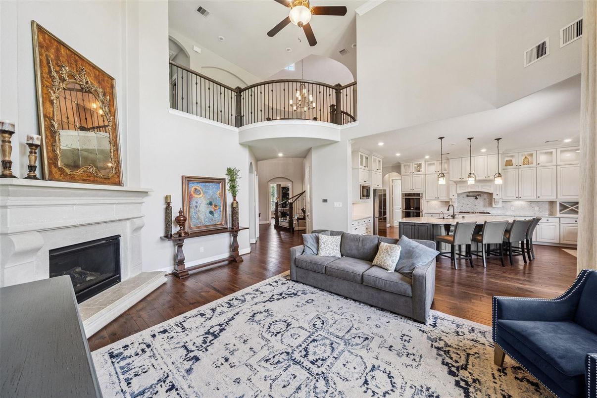 Chandelier, Dining room, Fireplace, Interior, Kitchen, Pendant Lights, Recessed Lighting, Wood Texture Flooring