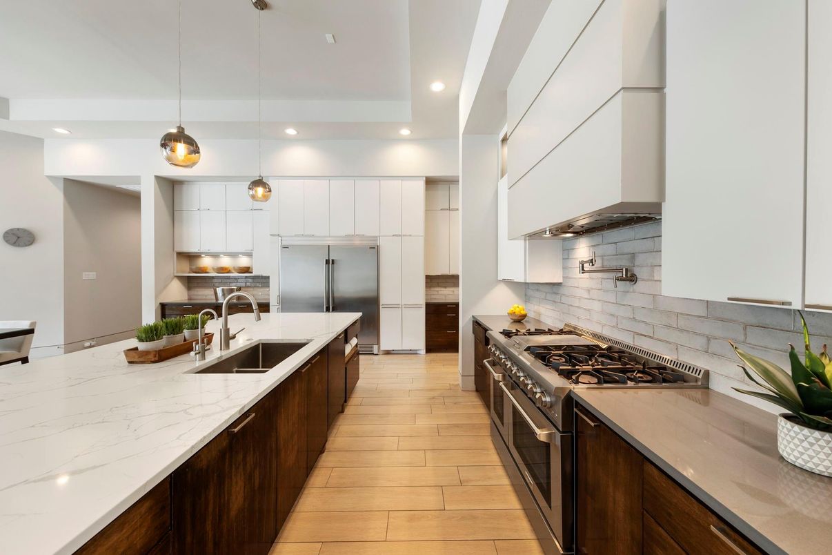 Interior, Kitchen, Pendant Lights, Recessed Lighting, Stainless Steel Appliances, Wood Texture Flooring