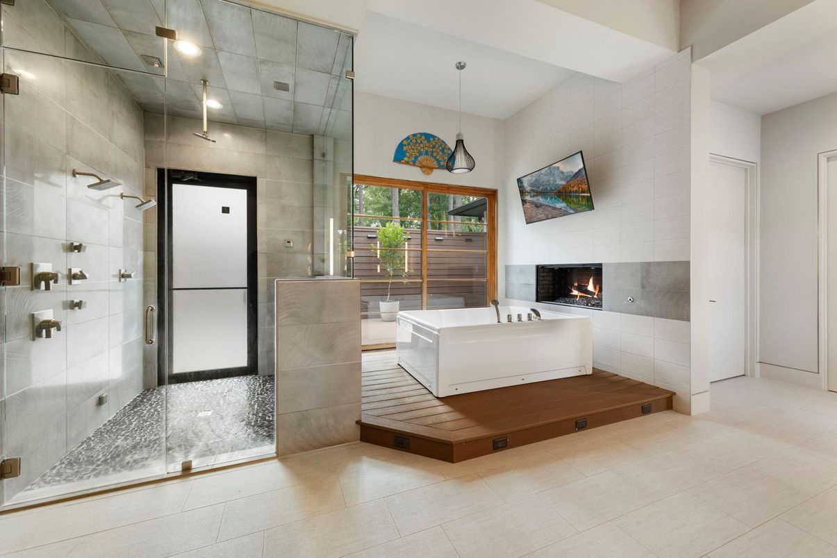 Bathroom, Fireplace, Glass Shower, Interior, Pendant Lights