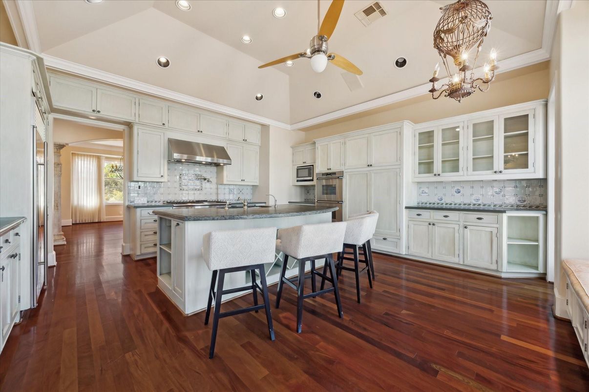 Chandelier, Interior, Kitchen, Recessed Lighting, Stainless Steel Appliances, Wood Texture Flooring