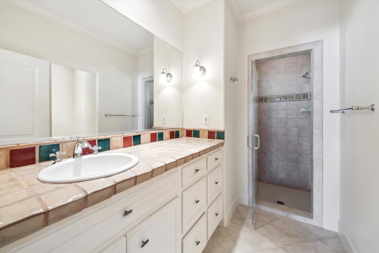 Bathroom, Dual Sink Vanities, Glass Shower, Interior, Tile Countertops