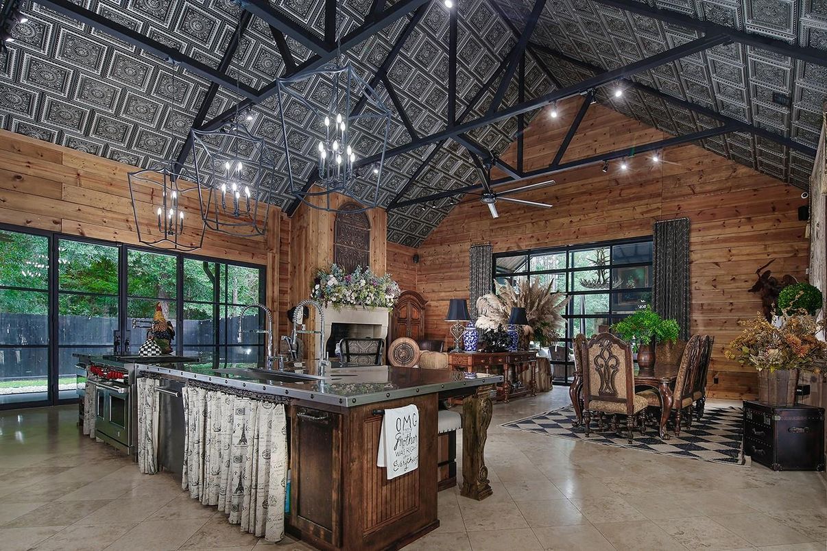 Fireplace, Interior, Kitchen, Stone Walls, Wooden Ceilings, Wooden Walls