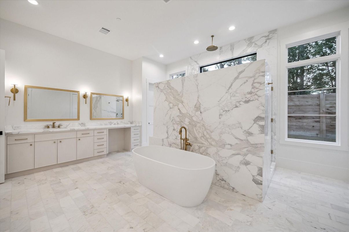 Bathroom, Dual Sink Vanities, Free Standing Baths, Interior, Marble, Marble Walls, Recessed Lighting