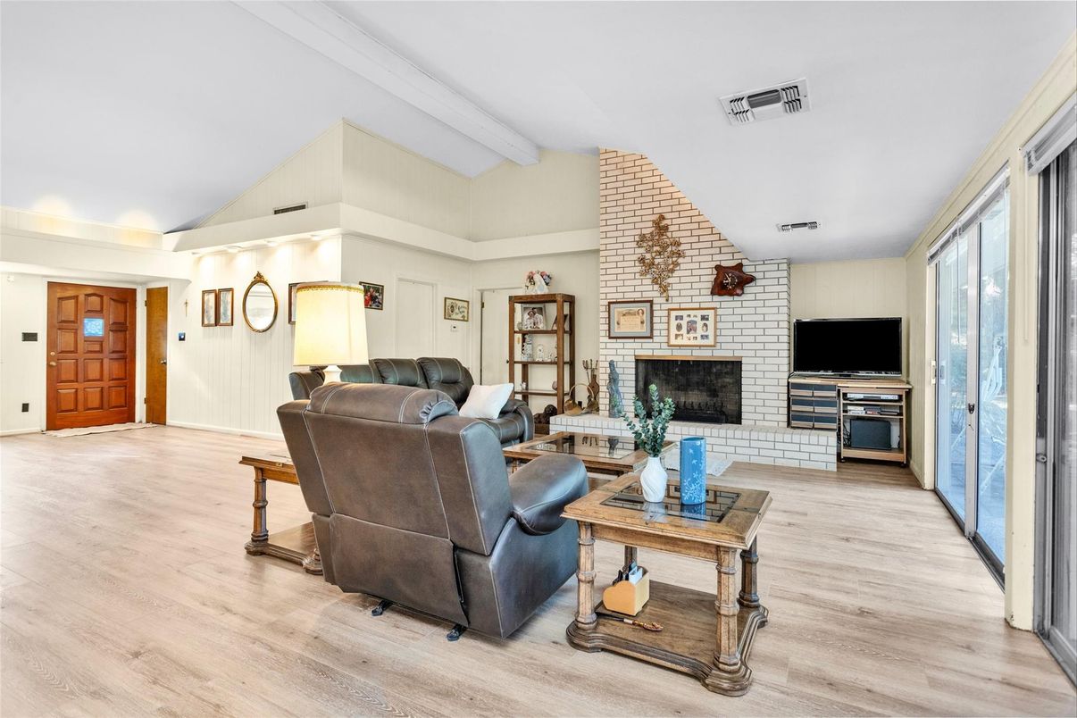 Fireplace, Interior, Living room, Stone Walls, Wood Texture Flooring