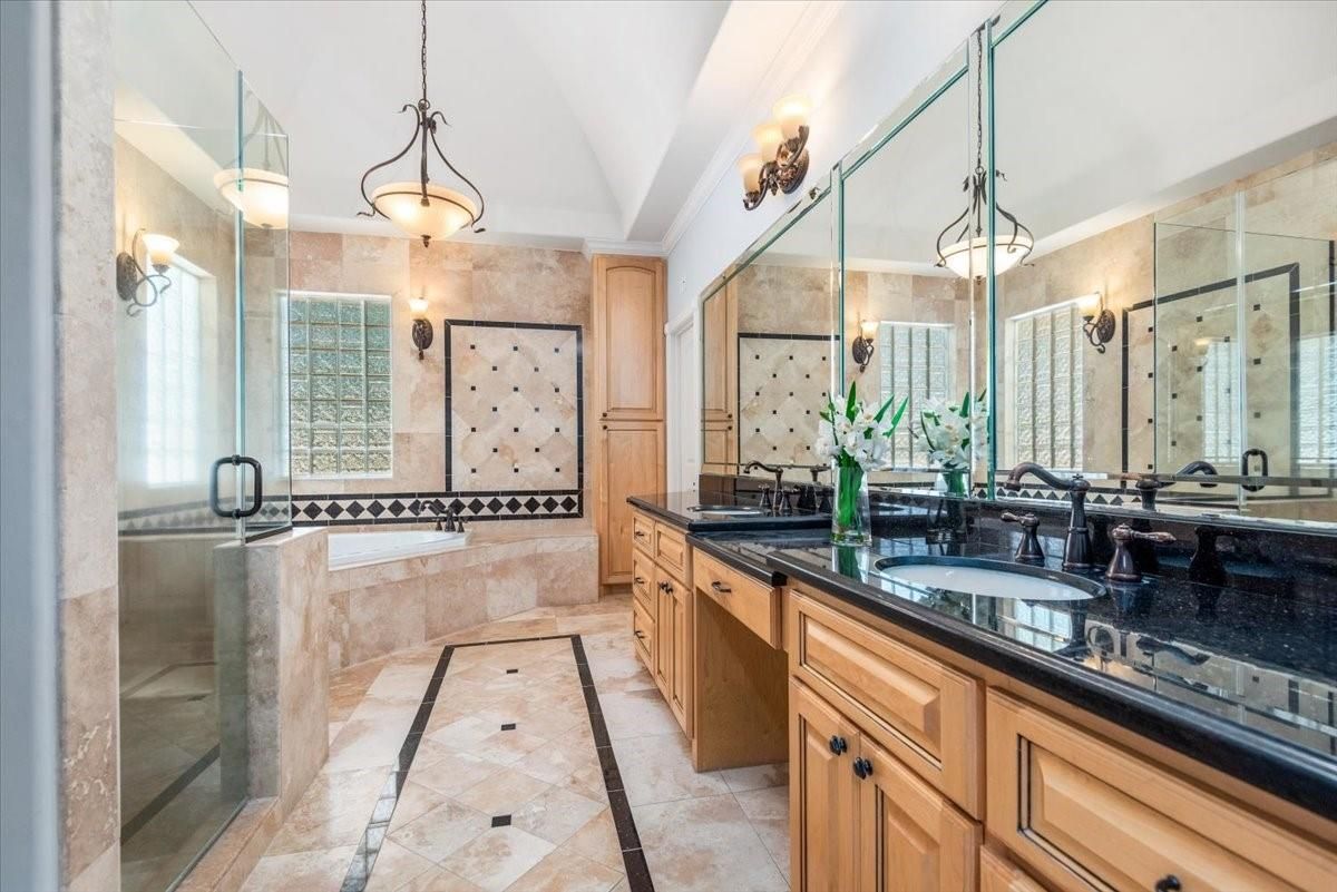 Bathroom, Dual Sink Vanities, Glass Shower, Interior, Pendant Lights