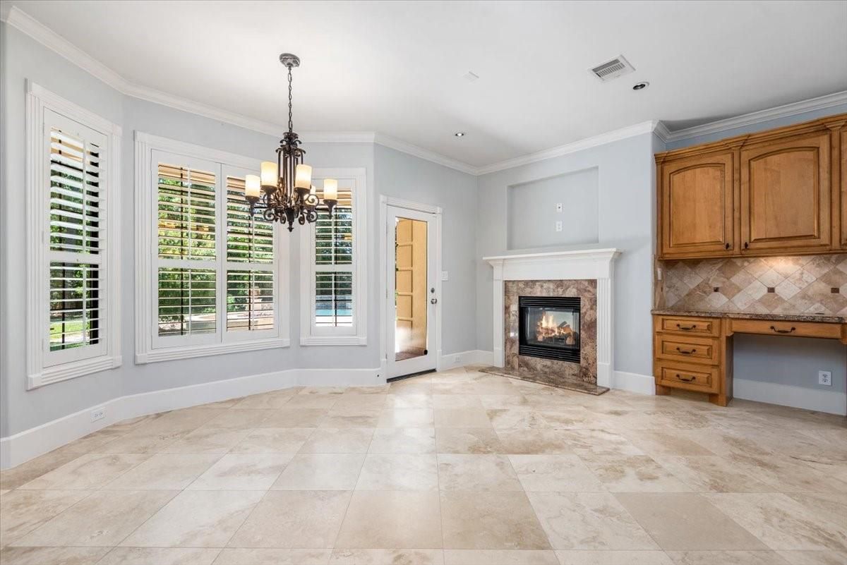 Chandelier, Empty room, Fireplace, Interior, Pendant Lights, Recessed Lighting