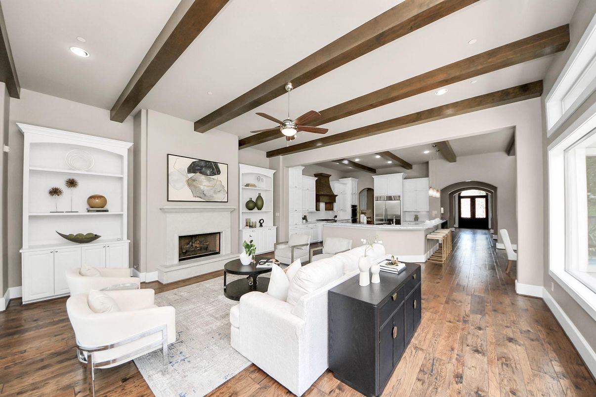 Fireplace, Interior, Kitchen, Living room, Recessed Lighting, Wooden Beams, Wood Texture Flooring
