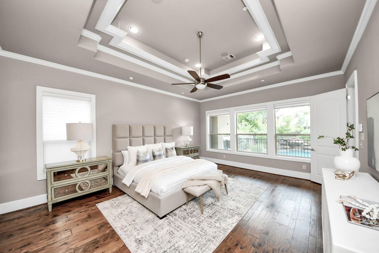 Bedroom, Interior, Recessed Lighting, Wood Texture Flooring